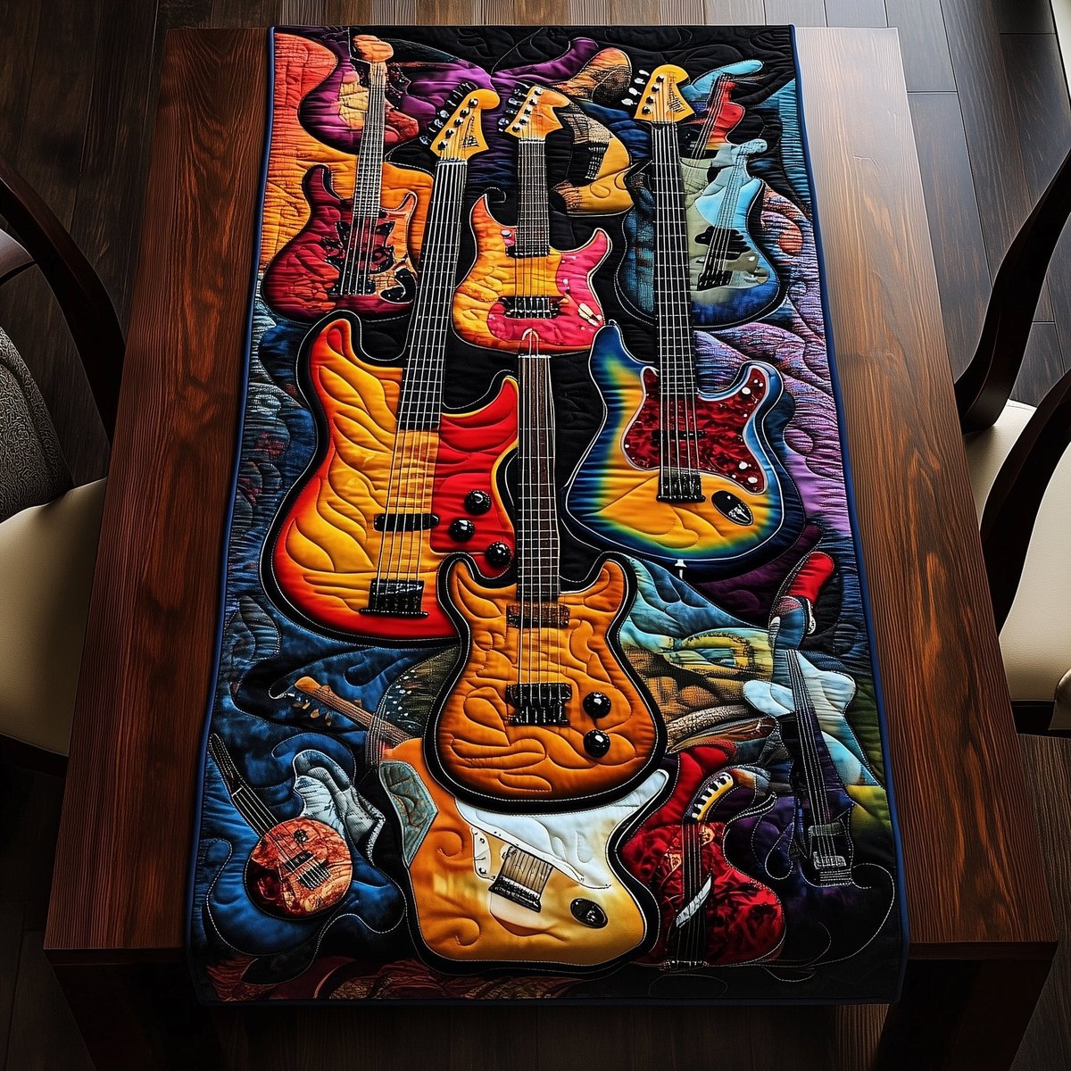 Fiery Electric Guitars on Blue Waves Table Runner - Made to Order TABLE928