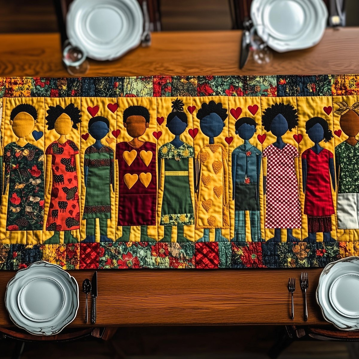 Figures with Hearts on Blue Base Table Runner - Made to Order TABLE928