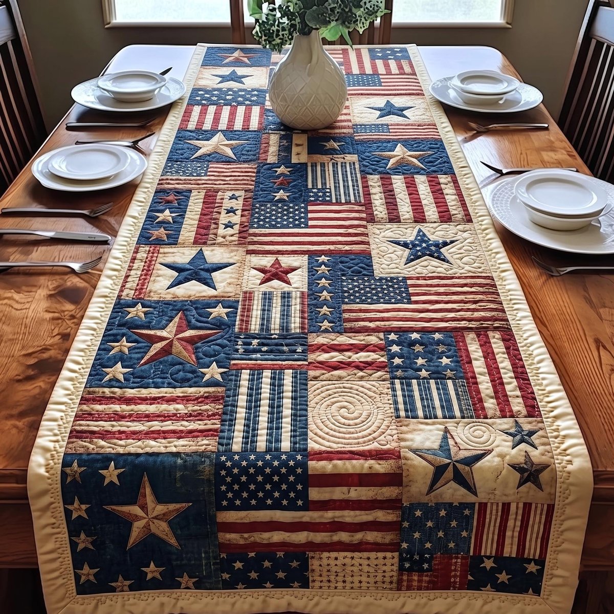 Flag Blocks with Quilted Stars Table Runner - Made to Order TABLE928