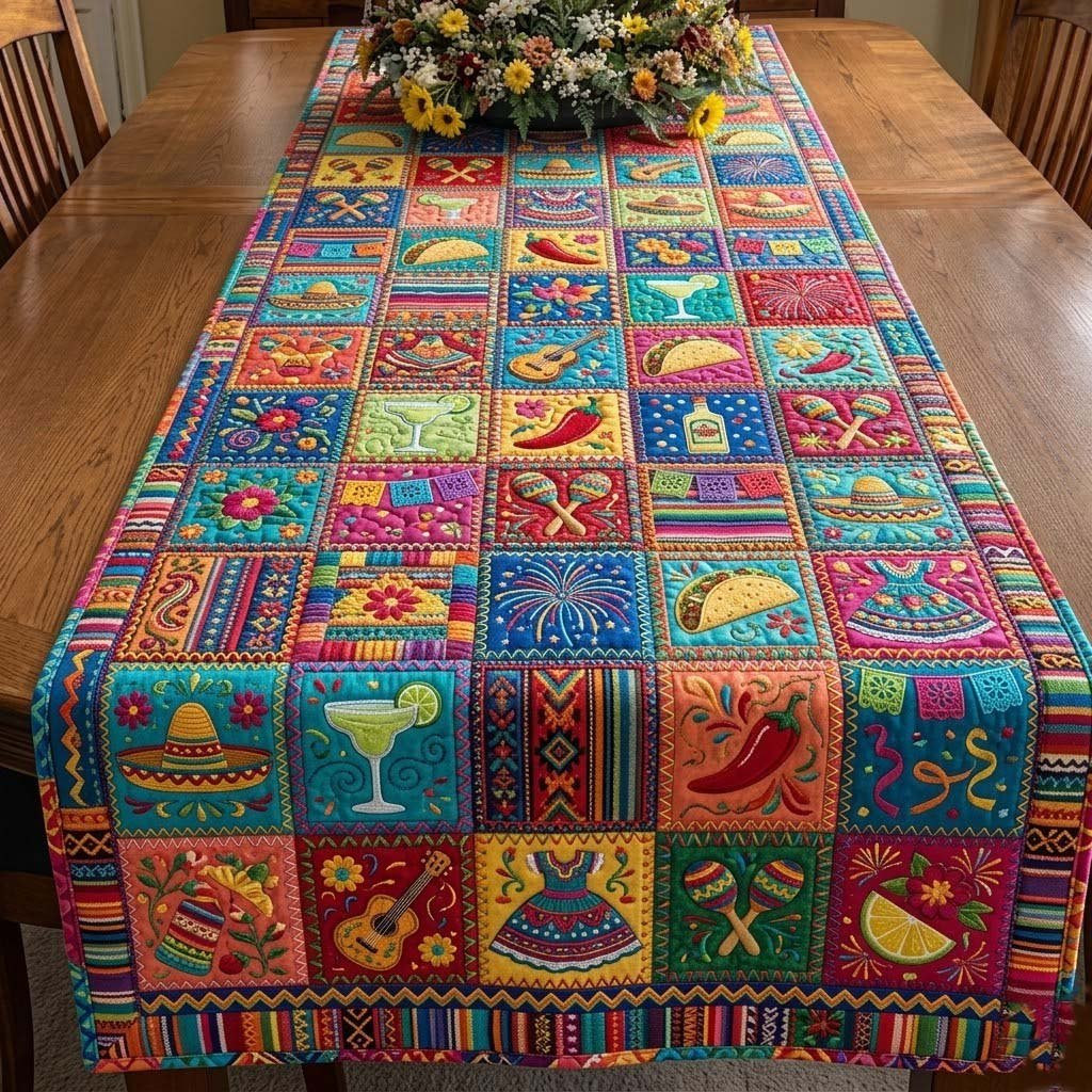 Fiesta Icon Squares on Blue Table Runner - Made to Order TABLE928