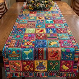 Fiesta Icon Squares on Blue Table Runner - Made to Order TABLE928