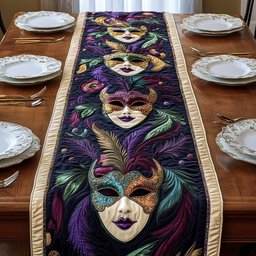 Feathered Masks in Purple and Green Table Runner - Made to Order TABLE928