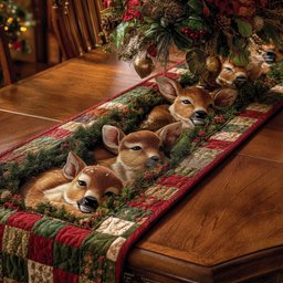 Fawns with Evergreen Wreath Table Runner - Made to Order TABLE928