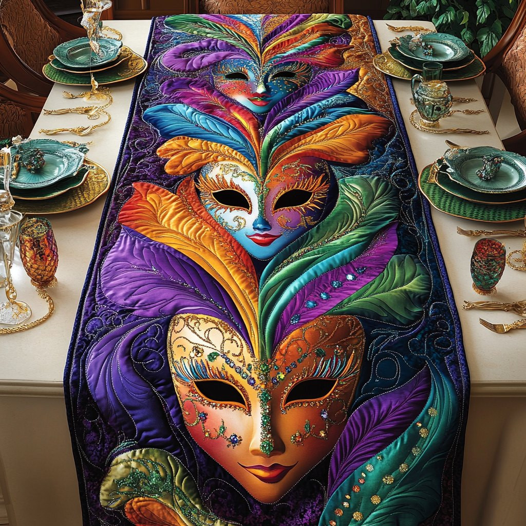 Feathered Carnival Masks in Purple Table Runner - Made to Order TABLE928