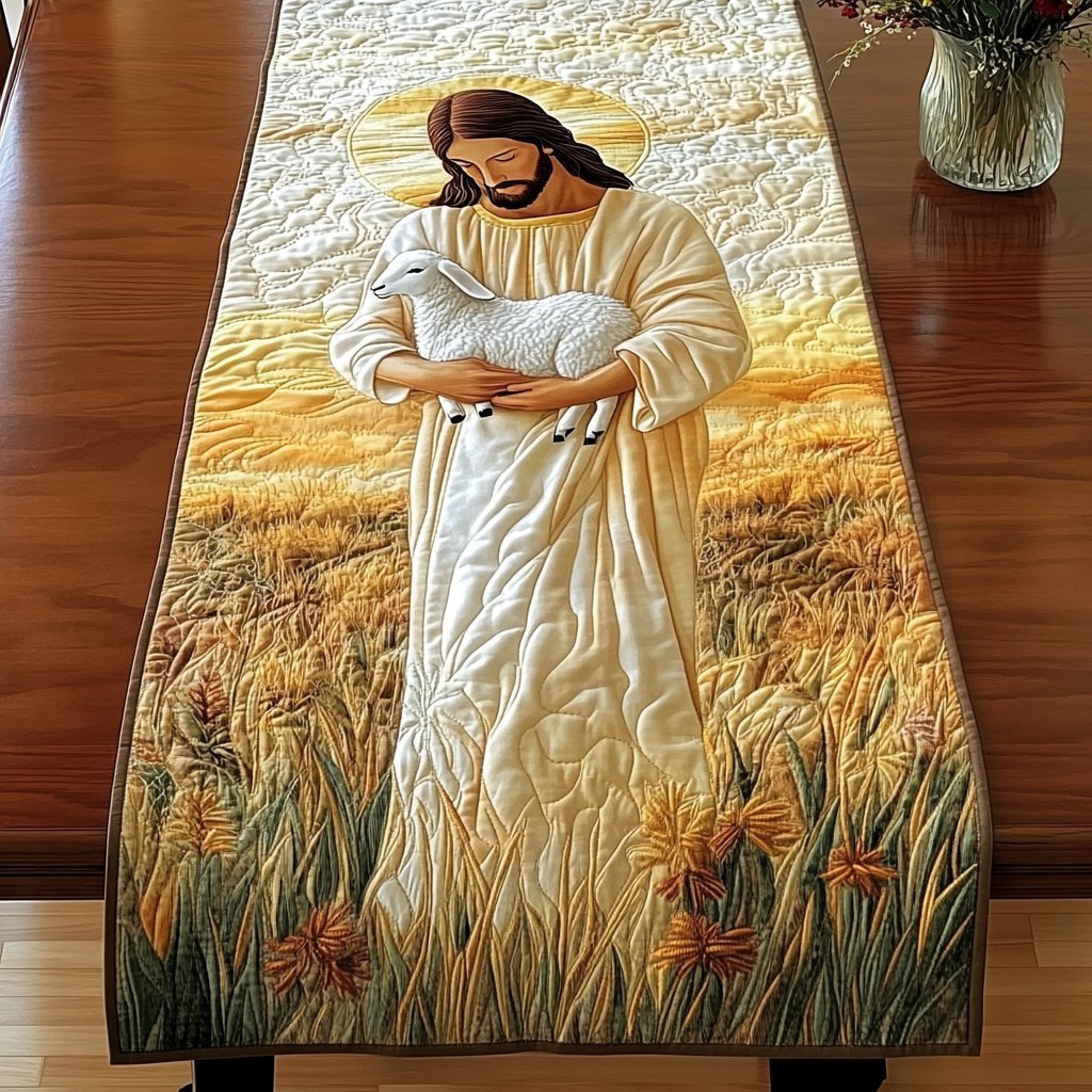 Figure Holding a Lamb in Wheat Table Runner - Made to Order TABLE928
