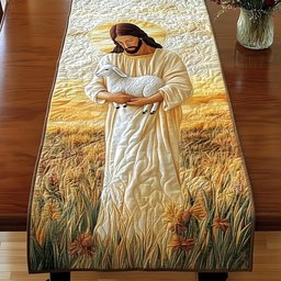 Figure Holding a Lamb in Wheat Table Runner - Made to Order TABLE928
