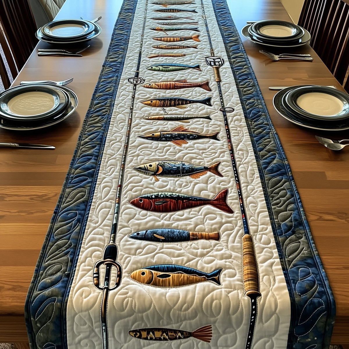 Fish on Cream with Blue Border Table Runner - Made to Order TABLE928