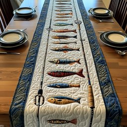 Fish on Cream with Blue Border Table Runner - Made to Order TABLE928