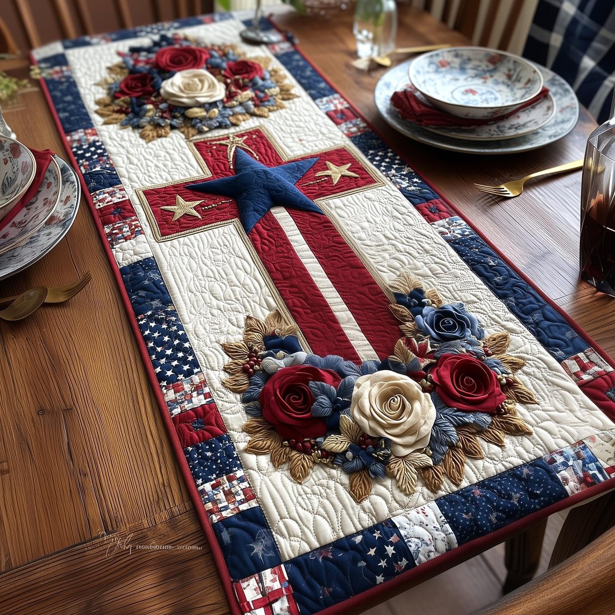 Flag Panel with Rose Bouquet Table Runner - Made to Order TABLE928