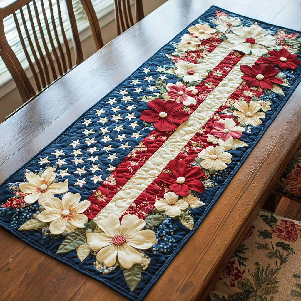 Flag Stripes with White Magnolias Table Runner - Made to Order TABLE928