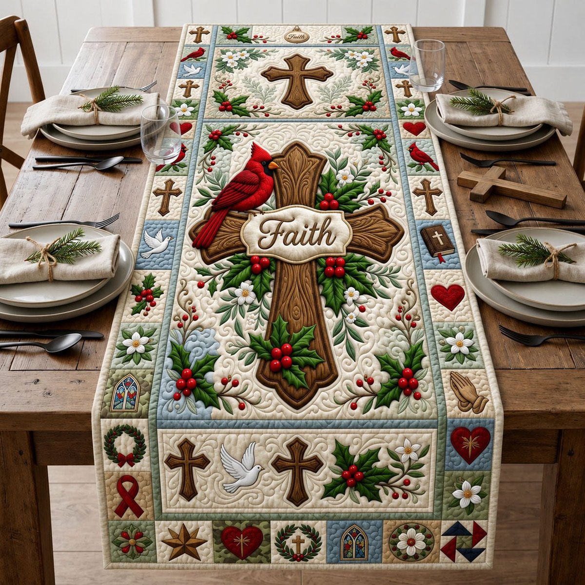 Faith Cross with Holly Border Table Runner - Made to Order TABLE928