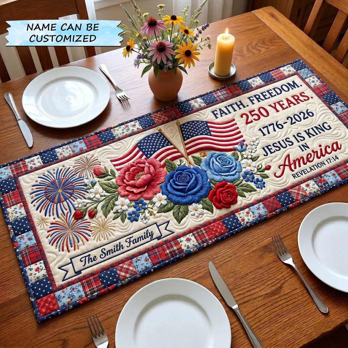 Faith Freedom Roses and Flags Table Runner - Made to Order TABLE928