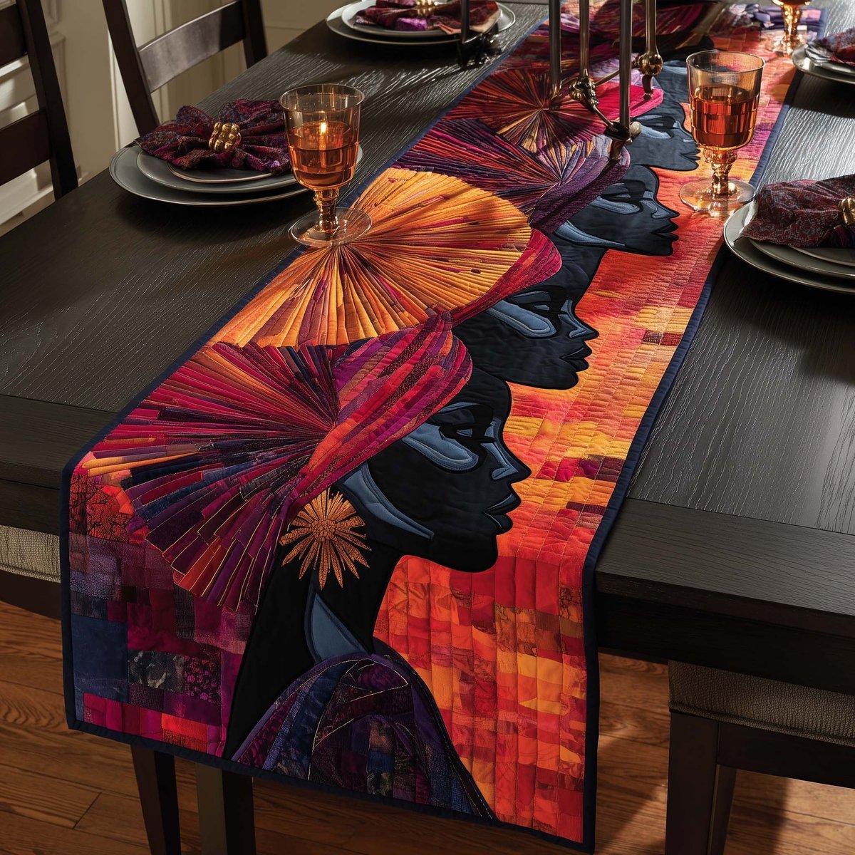 Fan Headdress Profiles in Red Table Runner - Made to Order TABLE928