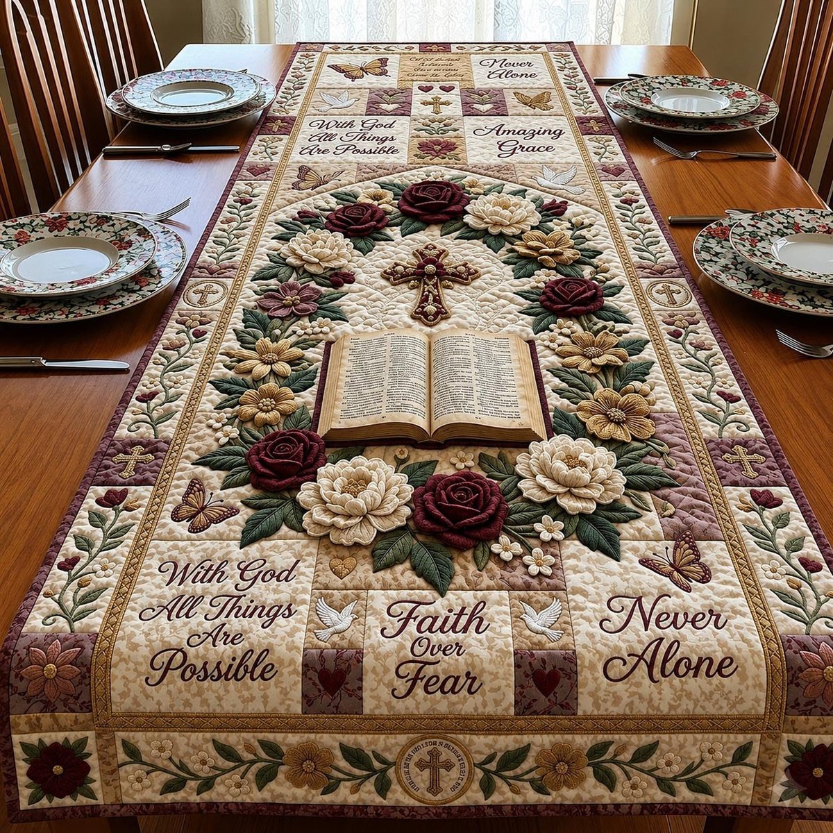 Faith Over Fear Open Bible Cross Table Runner - Made to Order TABLE928