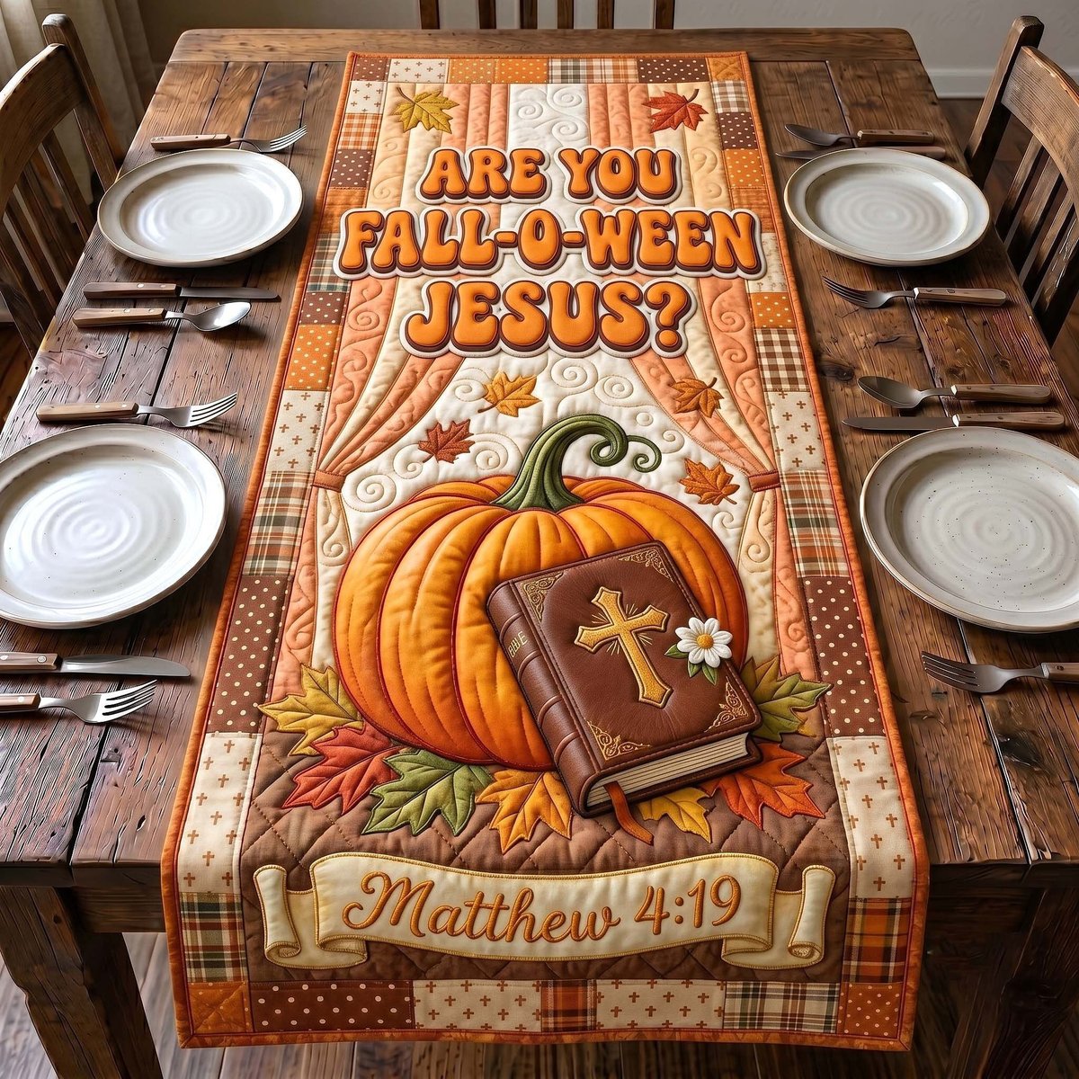 Fall O Ween Jesus with Pumpkin Table Runner - Made to Order TABLE928