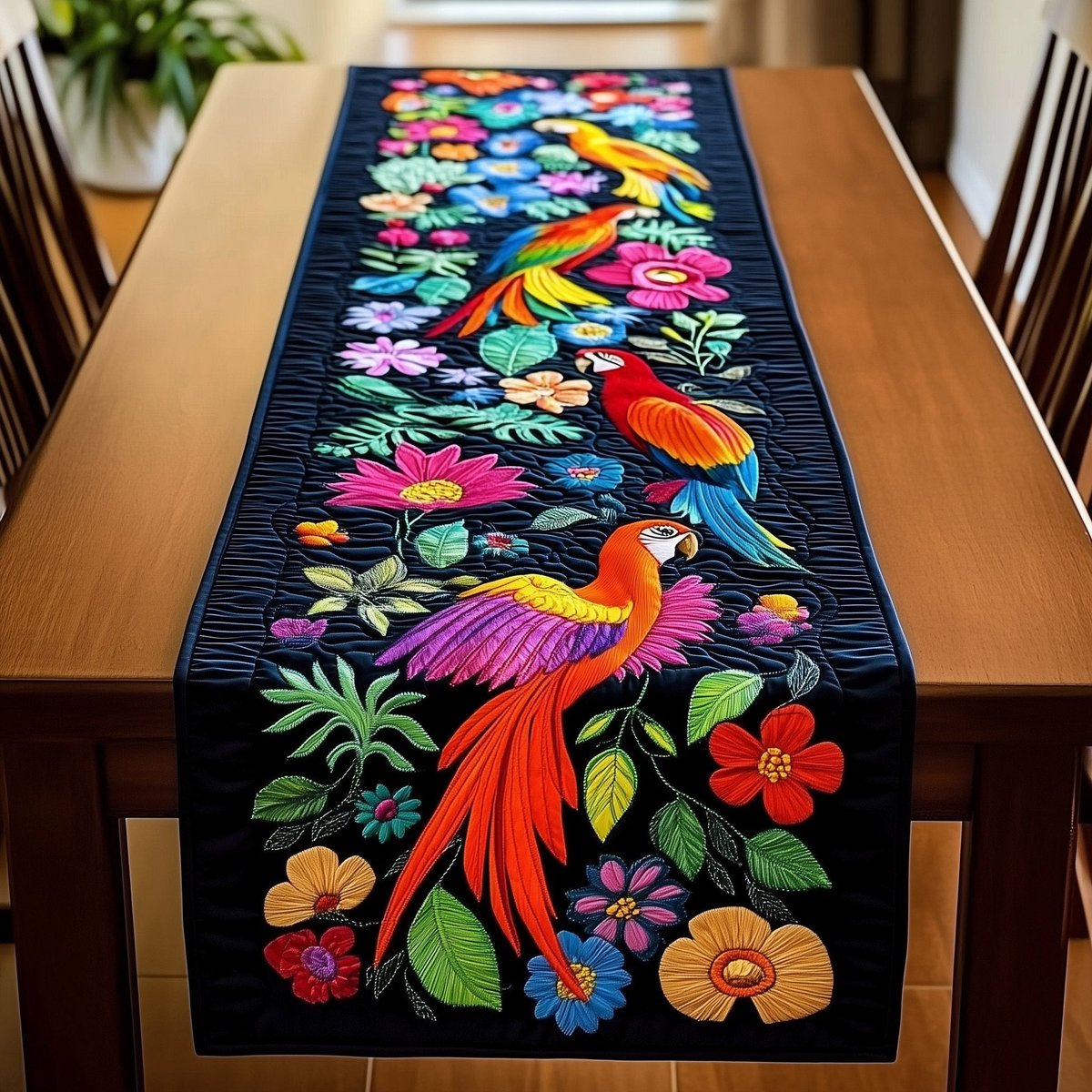 Exotic Birds in a Black Flower Garden Table Runner - Made to Order TABLE928