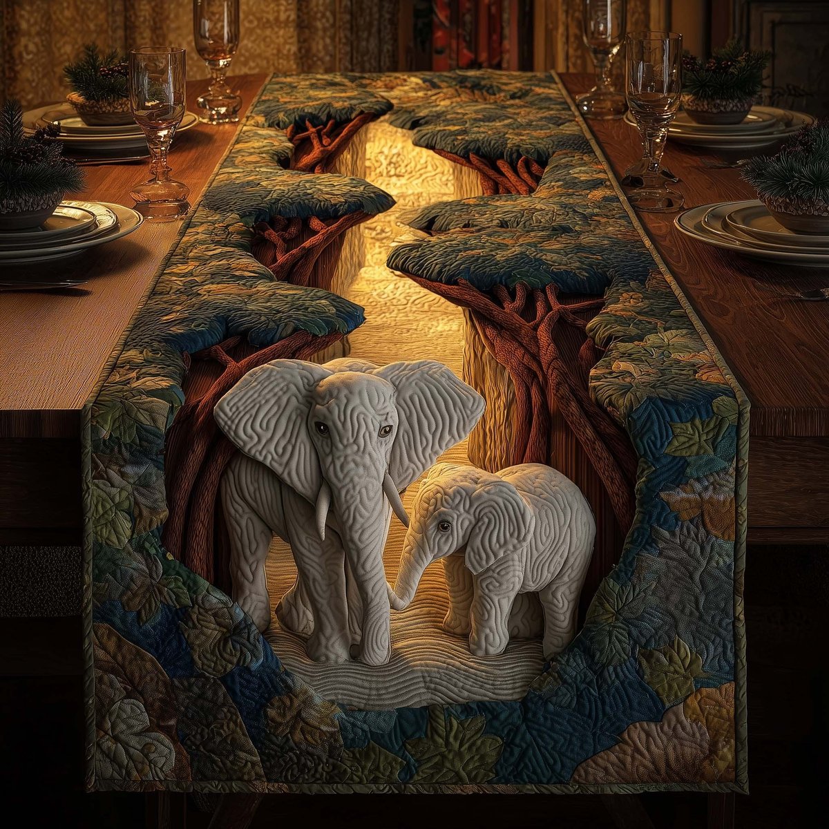 Elephant and Calf Under Tree Table Runner - Made to Order TABLE928