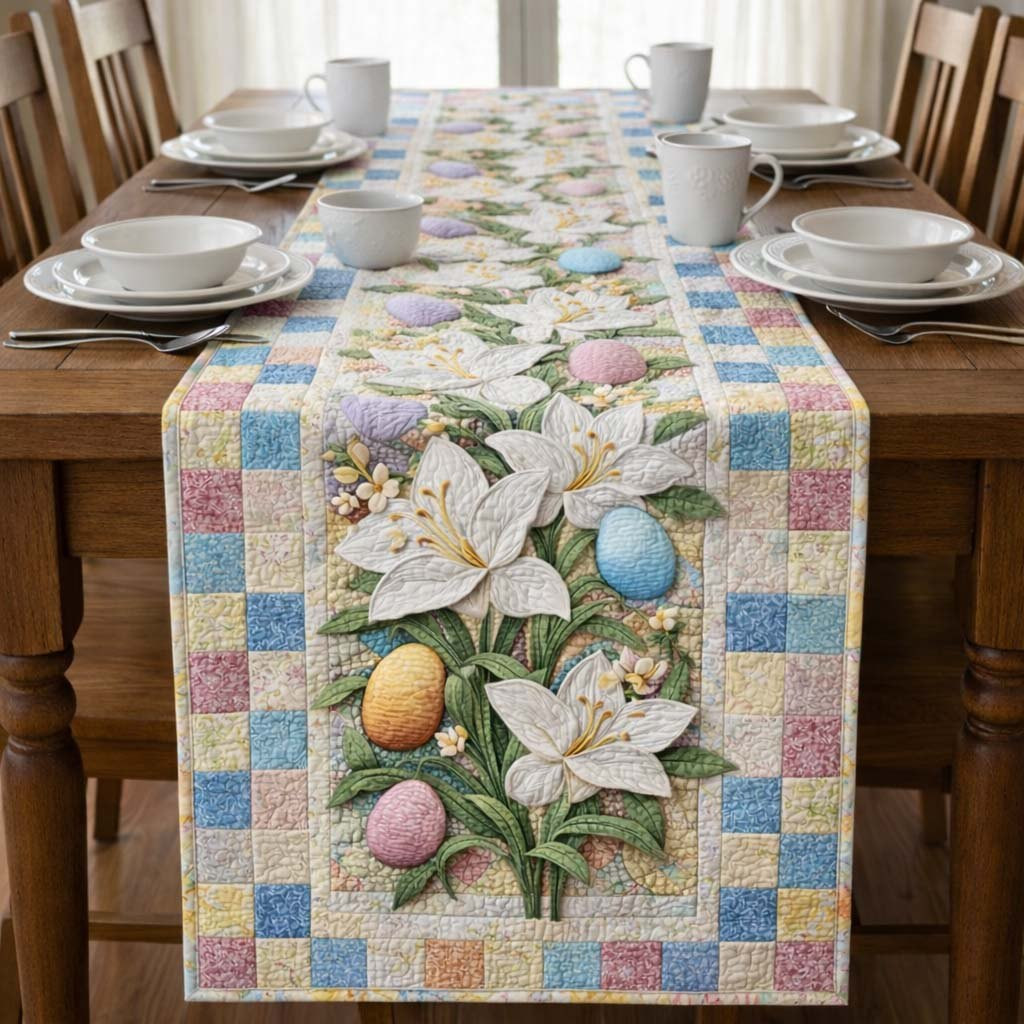 Easter Lilies and Eggs on Checkered Border Table Runner - Made to Order TABLE928