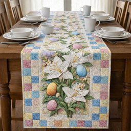 Easter Lilies and Eggs on Checkered Border Table Runner - Made to Order TABLE928
