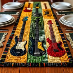 Electric Guitars on Gold Stripes Table Runner - Made to Order TABLE928