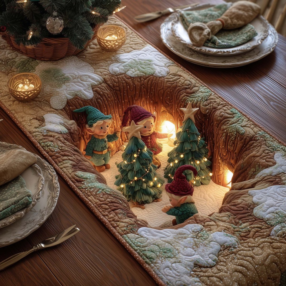 Elves and Glowing Trees in Snow Table Runner - Made to Order TABLE928
