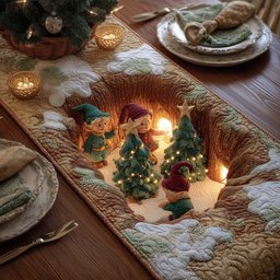 Elves and Glowing Trees in Snow Table Runner - Made to Order TABLE928