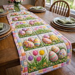 Easter Eggs and Tulips in Pastel Blocks Table Runner - Made to Order TABLE928