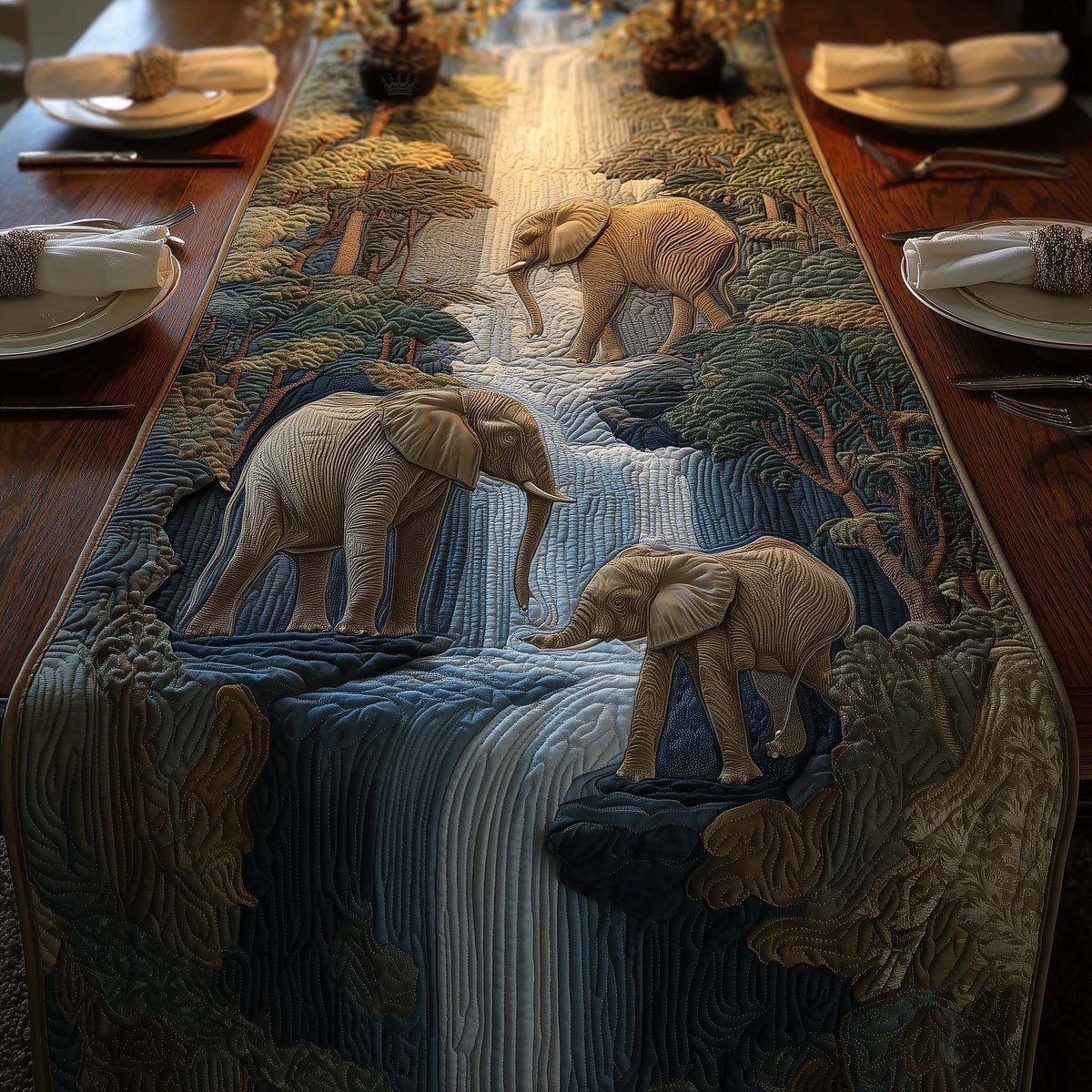Elephants Beside a Blue Waterfall Table Runner - Made to Order TABLE928