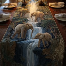 Elephants Beside a Blue Waterfall Table Runner - Made to Order TABLE928