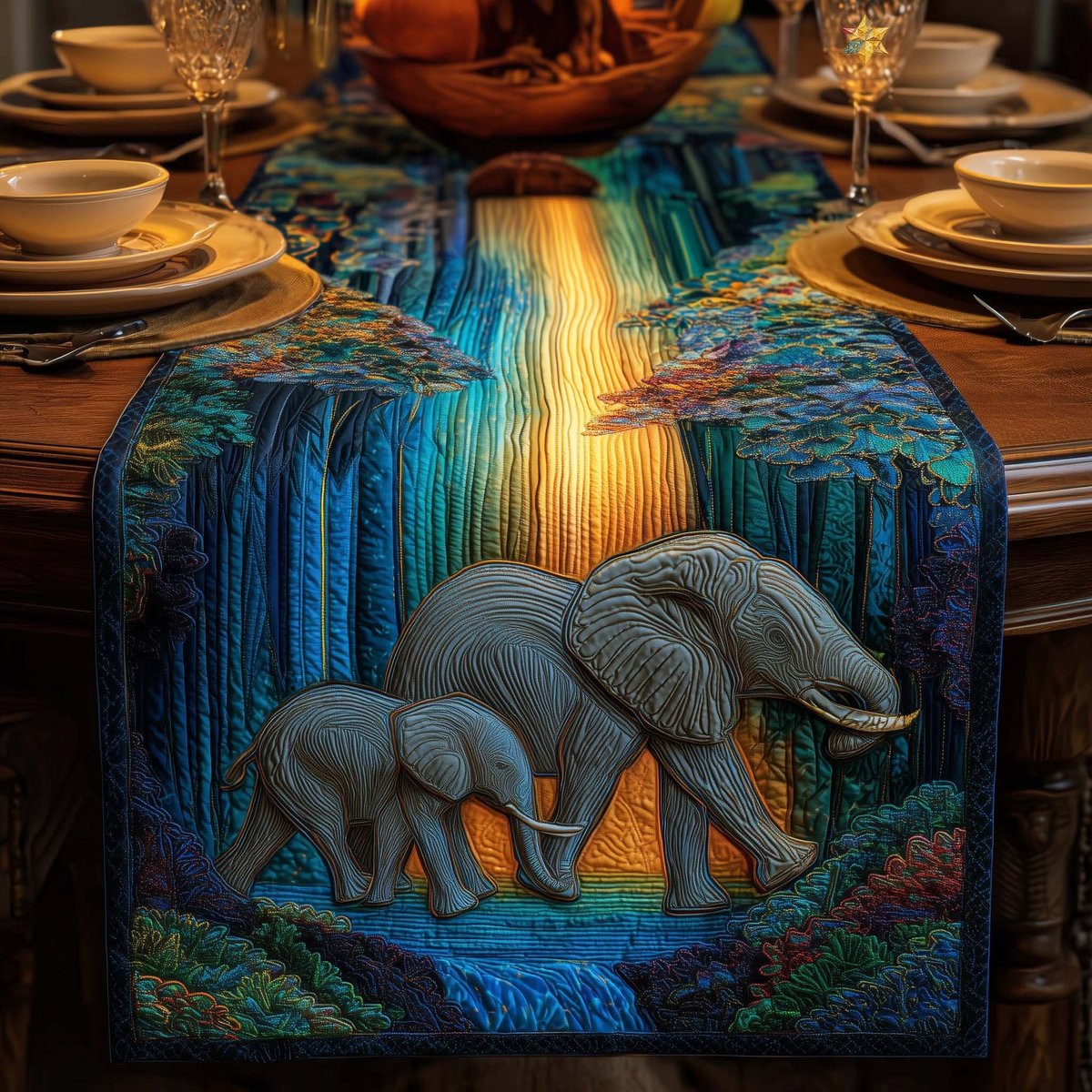 Elephant Family Under Glowing Falls Table Runner - Made to Order TABLE928