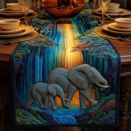 Elephant Family Under Glowing Falls Table Runner - Made to Order TABLE928