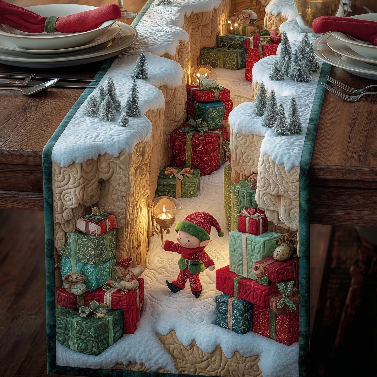 Elves Carrying Presents Through Snow Tunnel Table Runner - Made to Order TABLE928