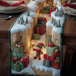 Elves Carrying Presents Through Snow Tunnel Table Runner - Made to Order TABLE928