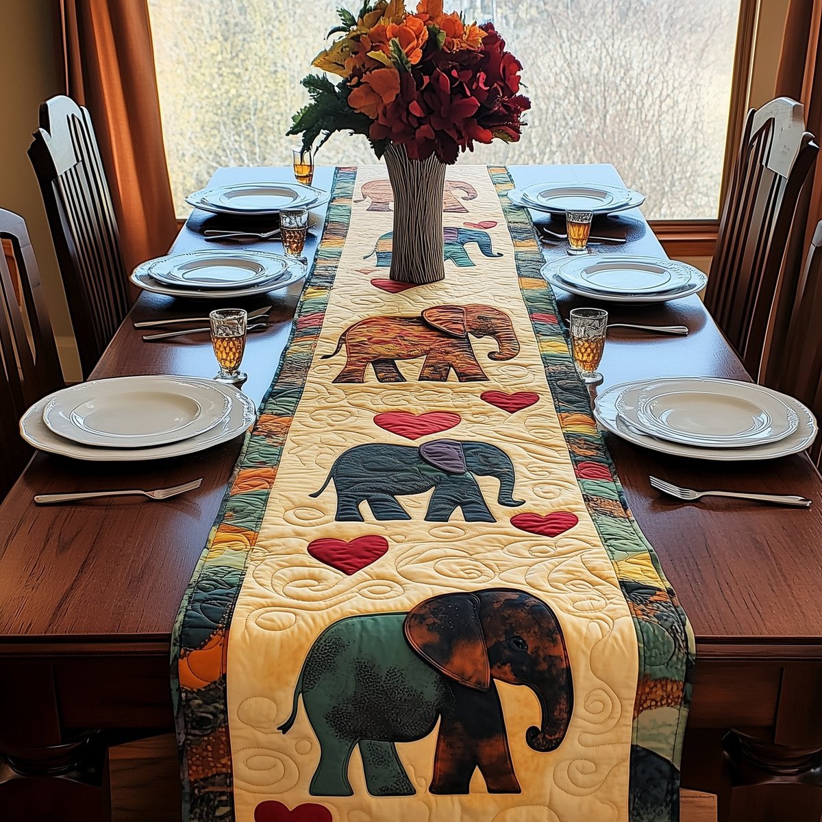 Elephants with Hearts on Cream Table Runner - Made to Order TABLE928
