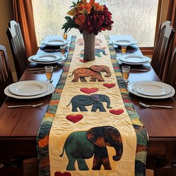 Elephants with Hearts on Cream Table Runner - Made to Order TABLE928