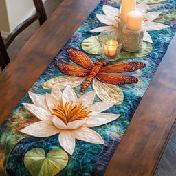 Dragonfly and White Lily on Teal Table Runner - Made to Order TABLE928