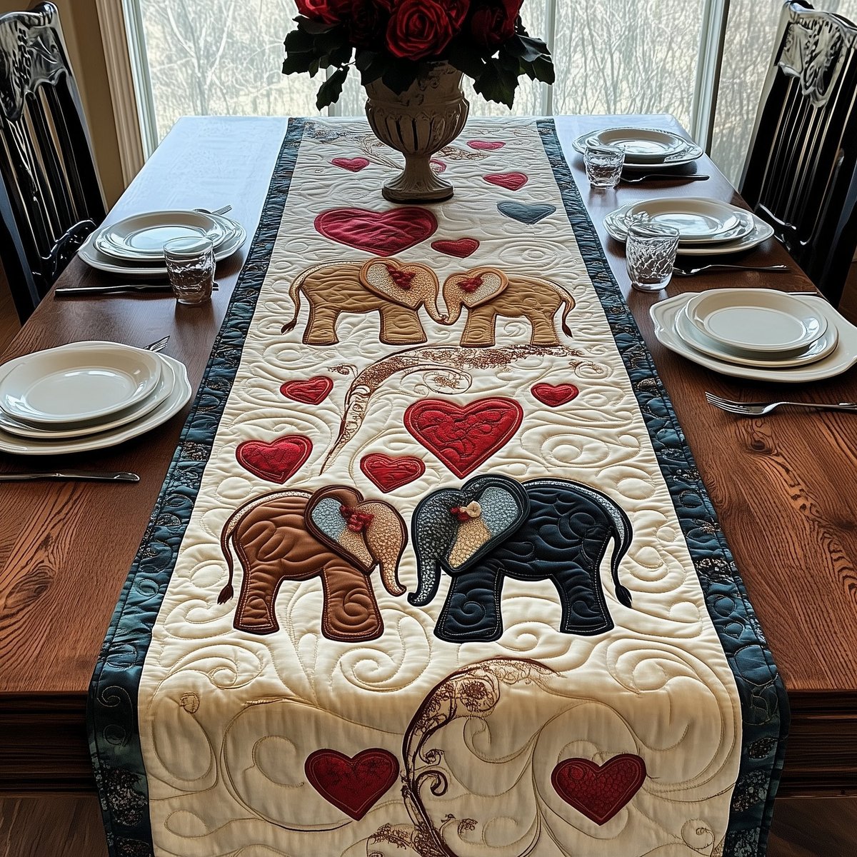 Elephant Pair with Red Hearts Table Runner - Made to Order TABLE928