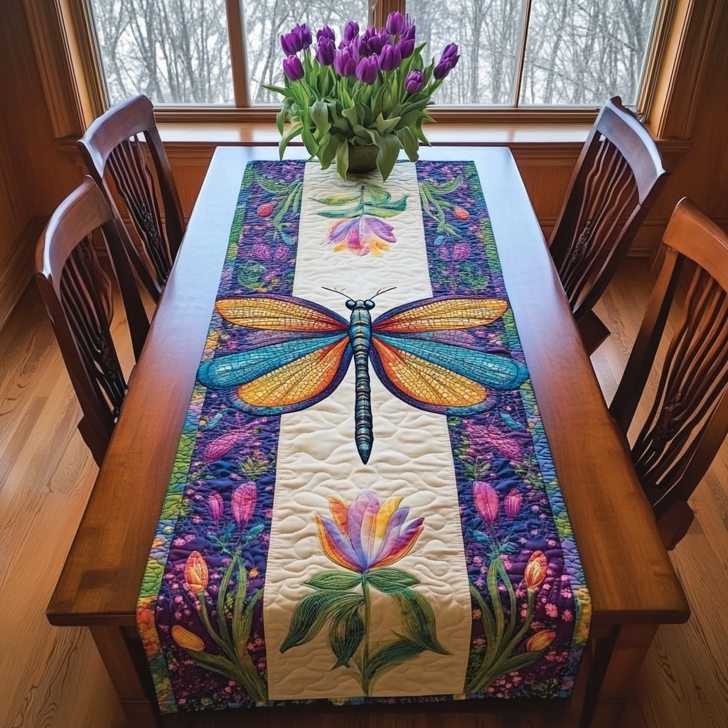 Dragonfly on Cream with Flowers Table Runner - Made to Order TABLE928