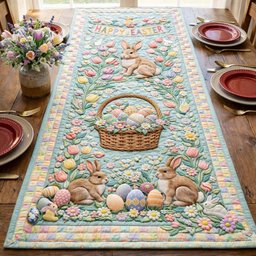 Egg Basket with Bunnies on Aqua Table Runner - Made to Order TABLE928