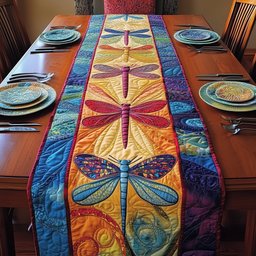 Dragonflies on Blue and Orange Stripes Table Runner - Made to Order TABLE928