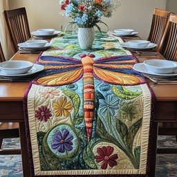 Dragonfly with Daisies on Cream Table Runner - Made to Order TABLE928