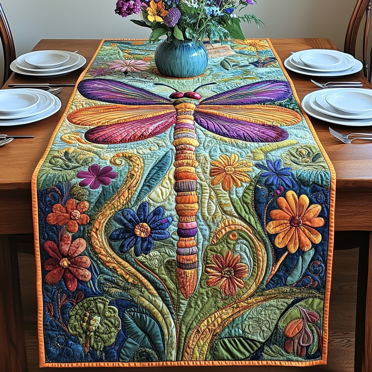 Dragonfly over Sunflowers and Leaves Table Runner - Made to Order TABLE928