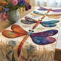Dragonflies with Blue Blossoms on Cream Table Runner - Made to Order TABLE928