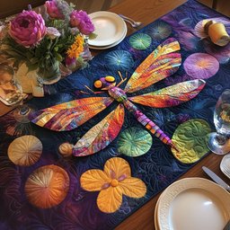 Dragonfly with Orange Flowers on Navy Table Runner - Made to Order TABLE928