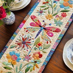 Dragonflies Among Bright Blooms Table Runner - Made to Order TABLE928