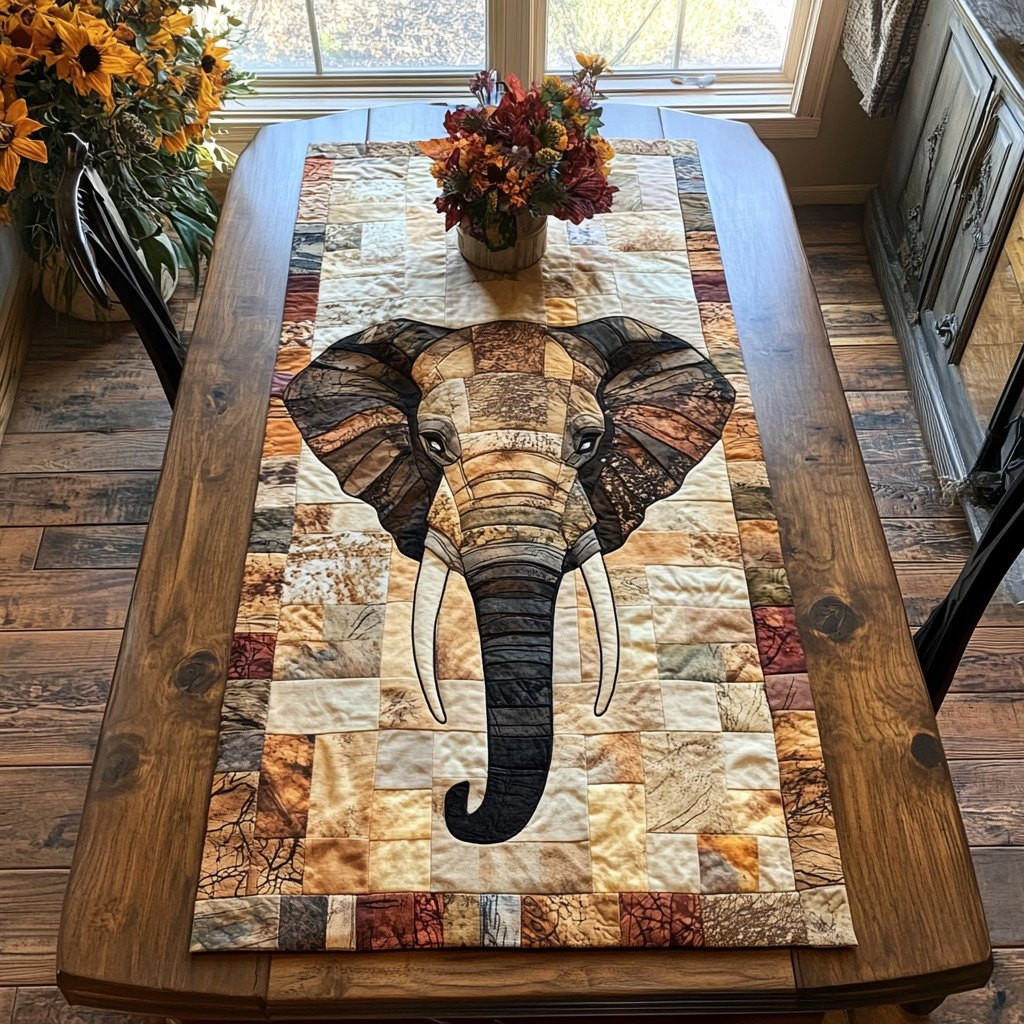 Elephant Portrait on Patchwork Table Runner - Made to Order TABLE928