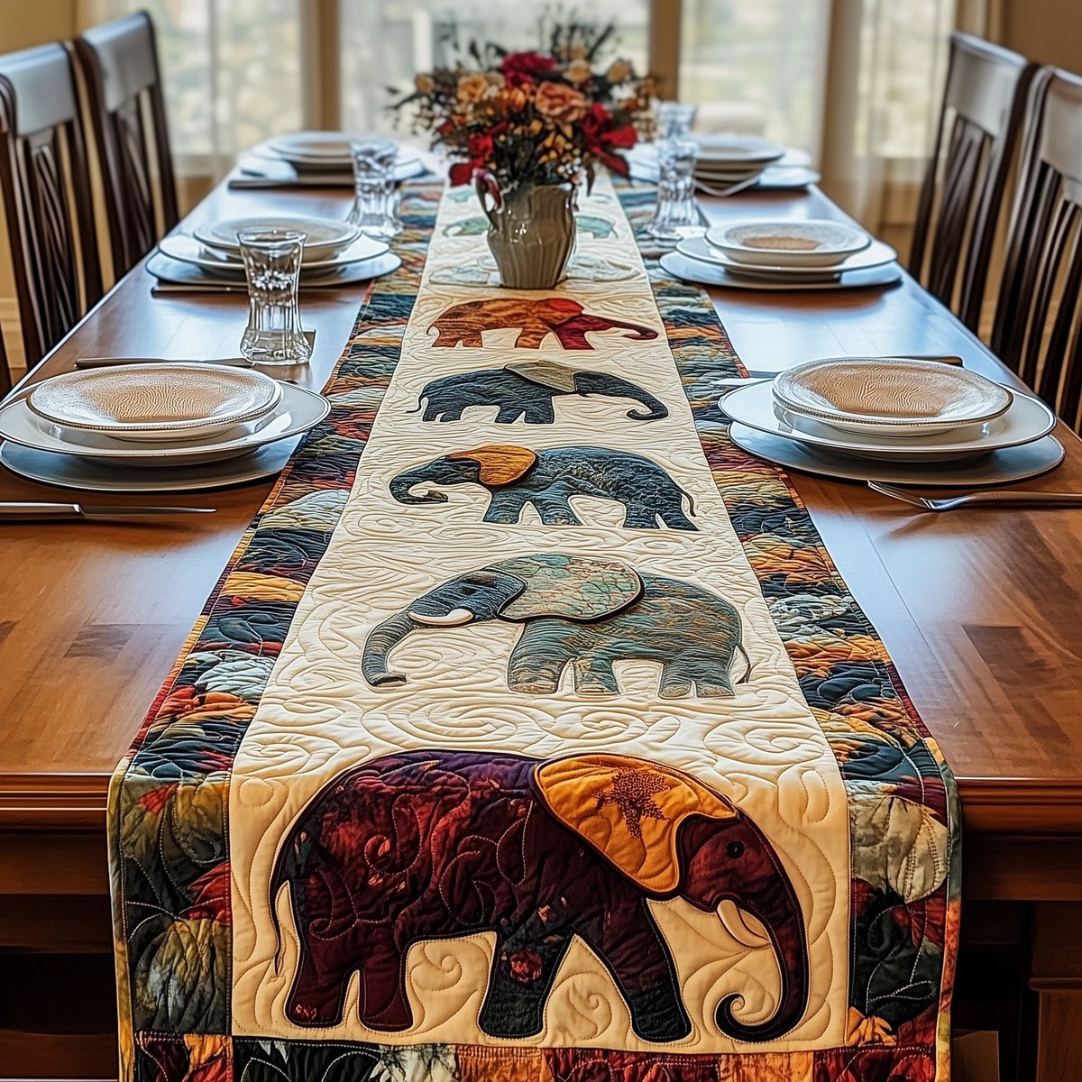 Elephants on Cream and Red Panels Table Runner - Made to Order TABLE928