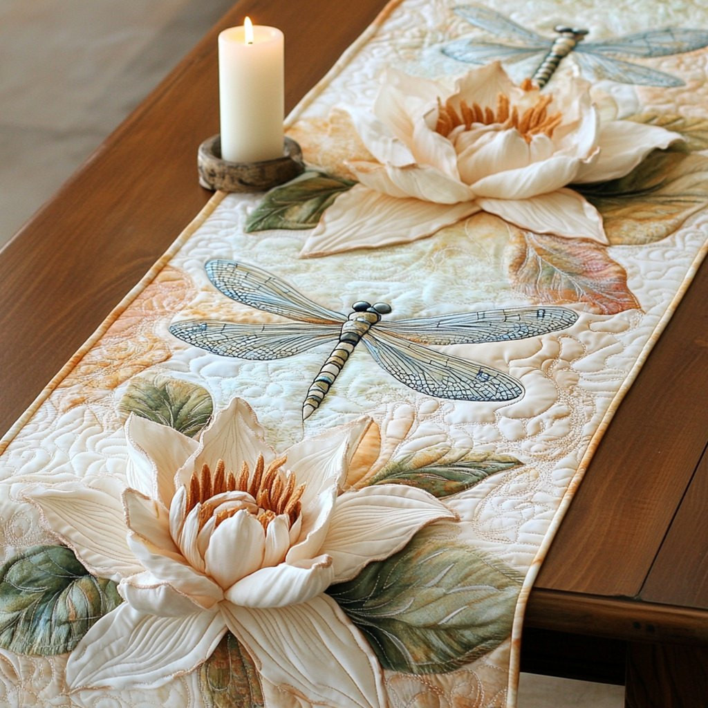 Dragonfly with White Lotus Bloom Table Runner - Made to Order TABLE928