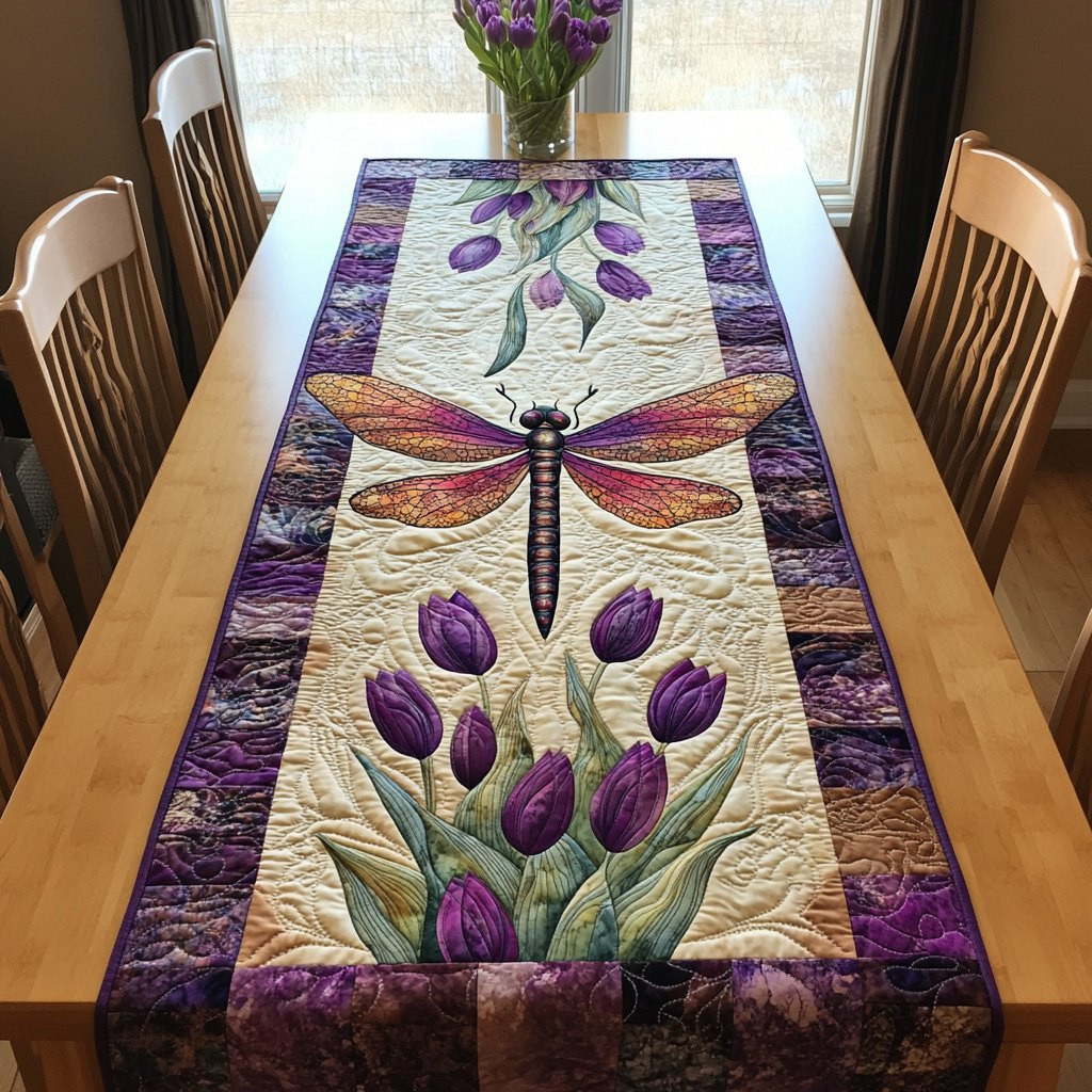Dragonfly with Tulips on Purple Table Runner - Made to Order TABLE928