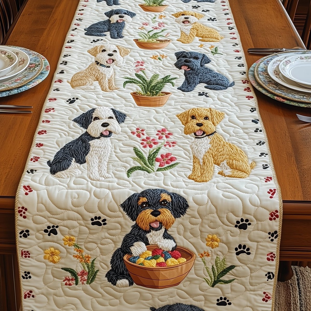 Dogs with Flowers and Fruit Bowl Table Runner - Made to Order TABLE928